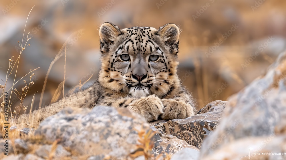 Obraz premium Majestic Snow Leopard Cub Resting on Rocks in its Mountain Habitat