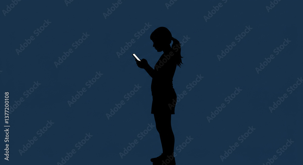 A young girl engrossed in her phone, lost in a digital world against a deep blue night sky. A young girl engrossed in her phone, lost in a digital world against a deep blue night sky.