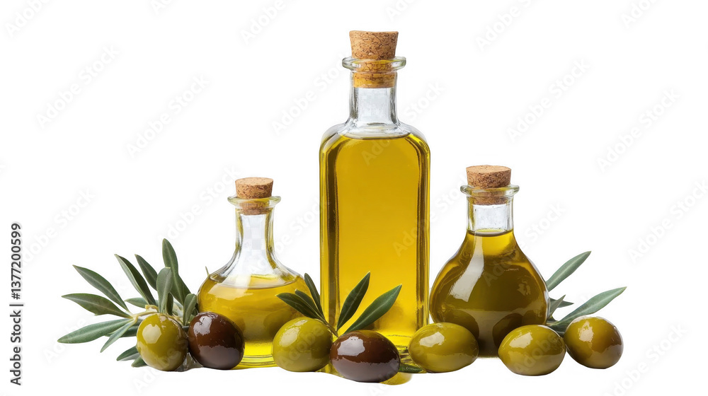 Glass Bottles with Olive Oil and Fresh Olives on White Background Glass Bottles with Olive Oil and Fresh Olives on White Background