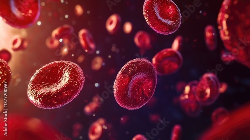 Aerial drone view of a vibrant and intricate blood cell production system, illustrating haematopoiesis in a dynamic biological process.