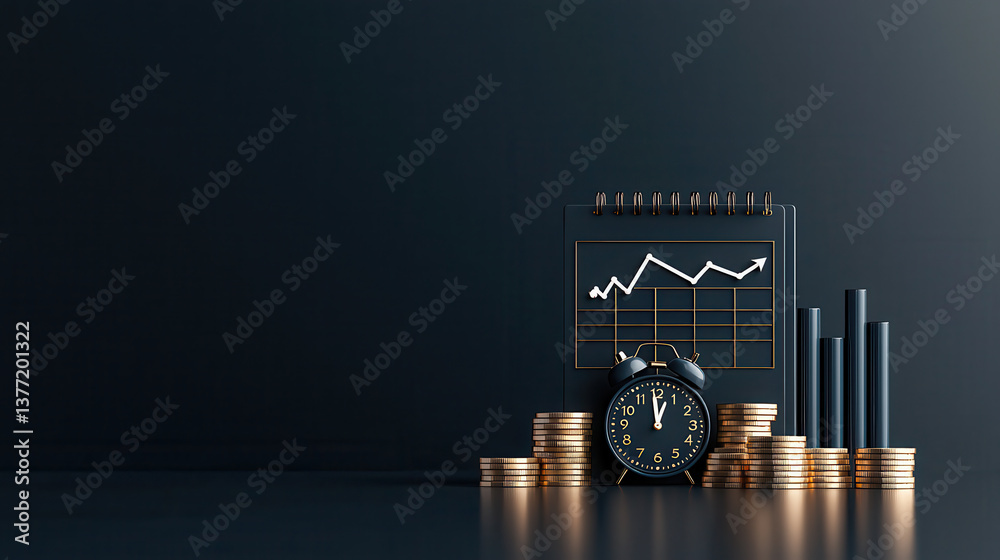 dark blue calendar with rising graph is displayed alongside classic alarm clock and stacks of coins, symbolizing financial growth and time management
