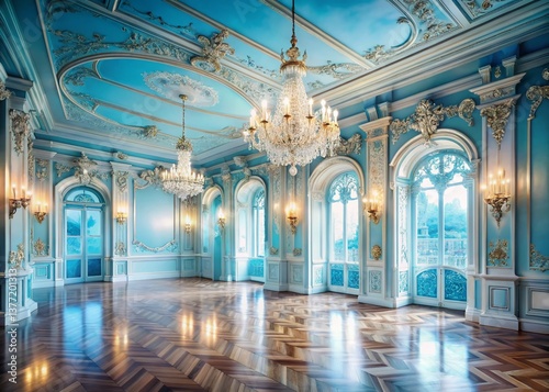Wallpaper Mural Elegant Rococo Ballroom Backdrop: Blue & White Chandeliers, Vintage Moldings, Bokeh Torontodigital.ca