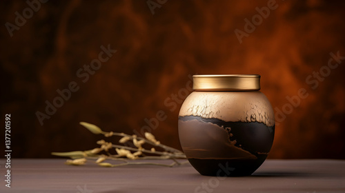 A timeless ceramic keepsake jar, elegantly adorned with gold accents, rests on a dark wooden surface, evoking a sense of quiet remembrance and cherished memories against a rich, textured backdrop.