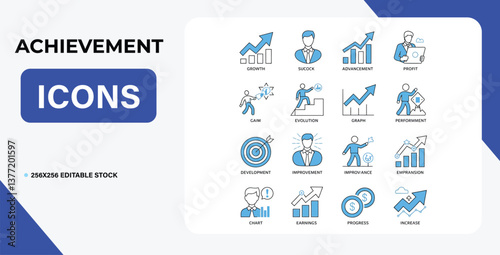Vector Growth and Profit icon set. Solid icon collection. Improvement, grow, chart, increase, evolution and development icons. 