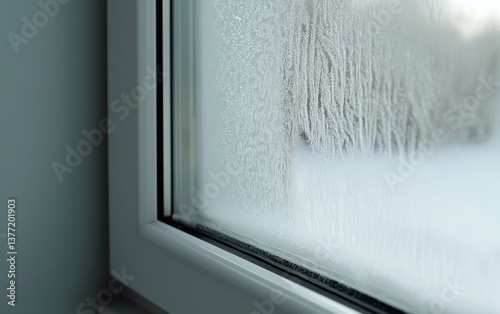 Close-up of condensation on a white window frame. Water droplets are visible on the glass pane, creating a blurry background. The image evokes a feeling of cold weather and dampness