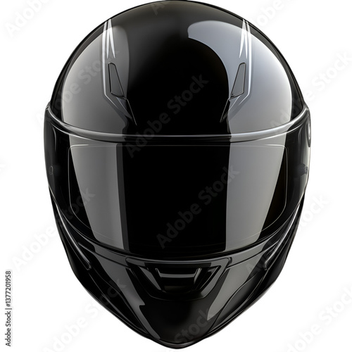 A sleek black motorcycle helmet with a reflective visor, isolated on transparent background