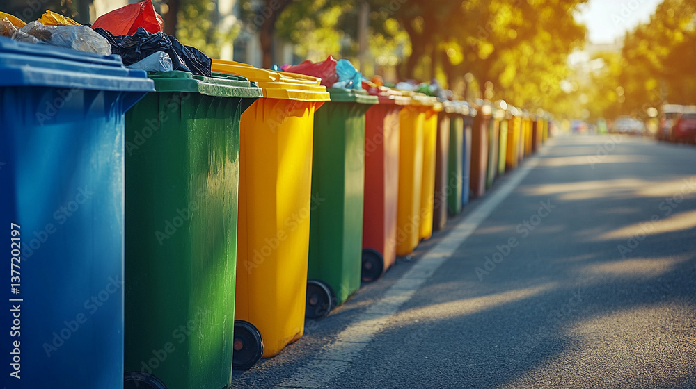 Overflowing trash cans polluting a city street symbolize urban decay, environmental neglect, and the challenges of waste management in modern cities