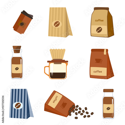 Vector illustration set of freshly roasted and ground coffee drinks, aromatic, fresh coffee bean tea menu, bakery, dessert, cold and hot coffee, isolated for food menu, drinks, coffee shop, cafe.