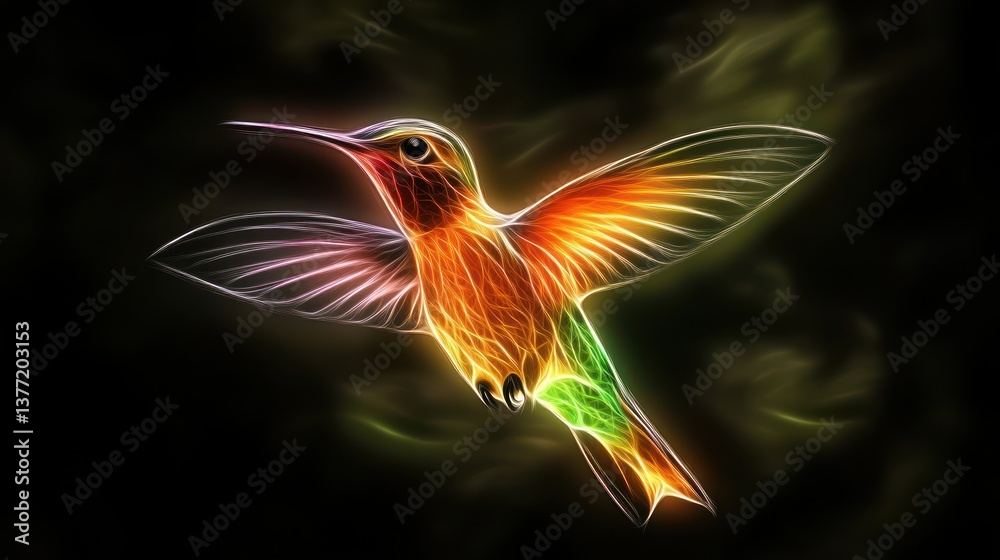 Fototapeta premium Flying Hummingbird, Neon, Abstract, Dark Background