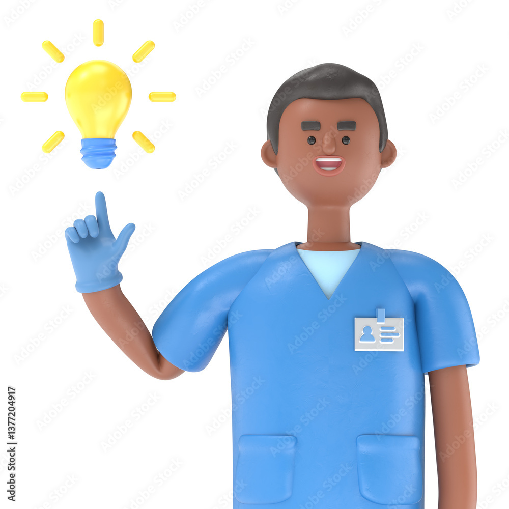 Fototapeta premium 3D illustration of Male Doctor King pointing finger at light bulb generating new ideas.Transparent Background Mockup.Supports PNG files with transparent backgrounds.