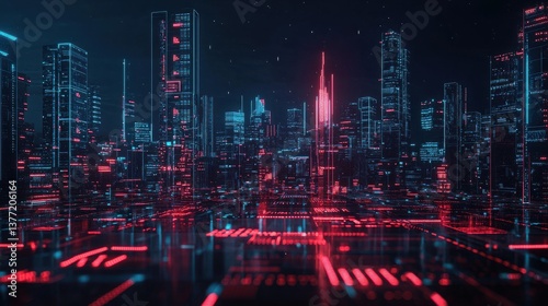 Wallpaper Mural Futuristic Cityscape with Neon Lights and Digital Elements Representing AI and Computation Technology Torontodigital.ca