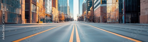 A modern city street showcasing sleek buildings and clear roads under a bright skyline.
