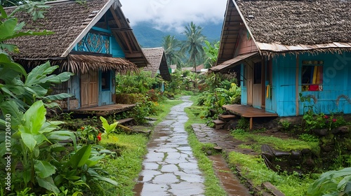 Charming village with a winding pathway inviting exploration into the heart of a beautiful rural community 