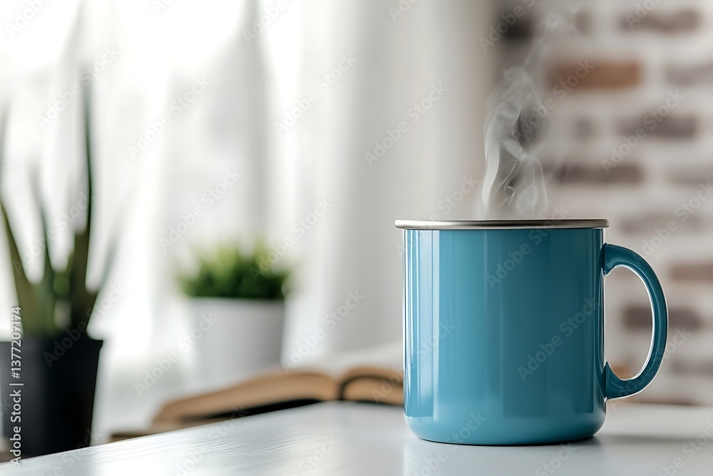 Steaming blue mug on a white table with book and plants for a cozy relaxation moment Steaming blue mug on a white table with book and plants for a cozy relaxation moment
