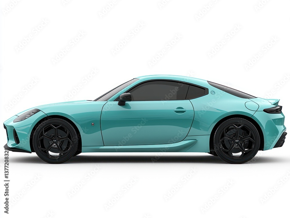 Sleek turquoise sports car design featuring a modern aerodynamic profile and stylish black wheels on white background Sleek turquoise sports car design featuring a modern aerodynamic profile and stylish black wheels on white background