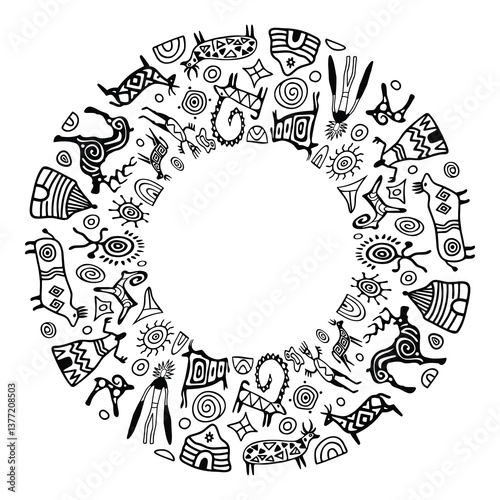 Vector round ethnic element, circular petroglyph pattern, rock paintings, naive art, vector design