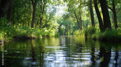 Serene Forest Scene with Tranquil Water Reflection and Lush Nature