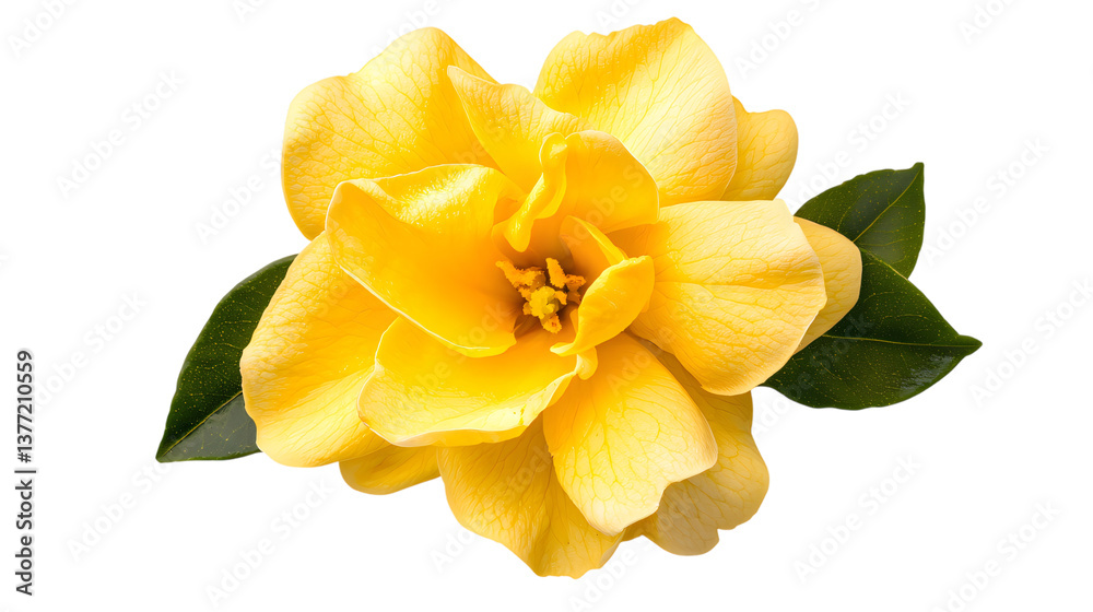 Fototapeta premium Vibrant yellow camellia flower bloom with lush green leaves isolated transparent background