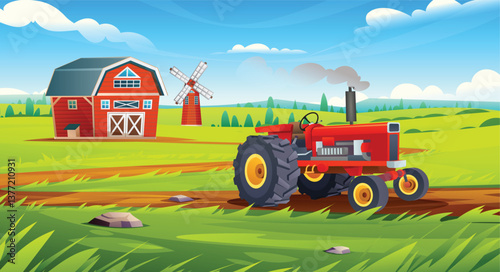 Rural farm field landscape. Tractor on dirt path with barn and windmill in lush farmland under blue sky. Vector cartoon illustration