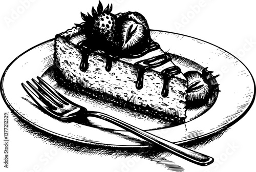 cheesecake cherry engraving black and white outline
