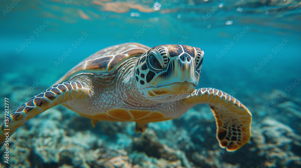Obraz premium Majestic sea turtle gracefully glides through vibrant coral reef turquoise water close up view