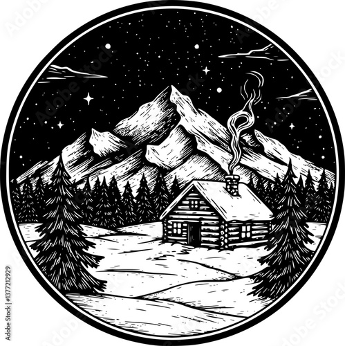 wood house mountain forest engraving black and white outline
