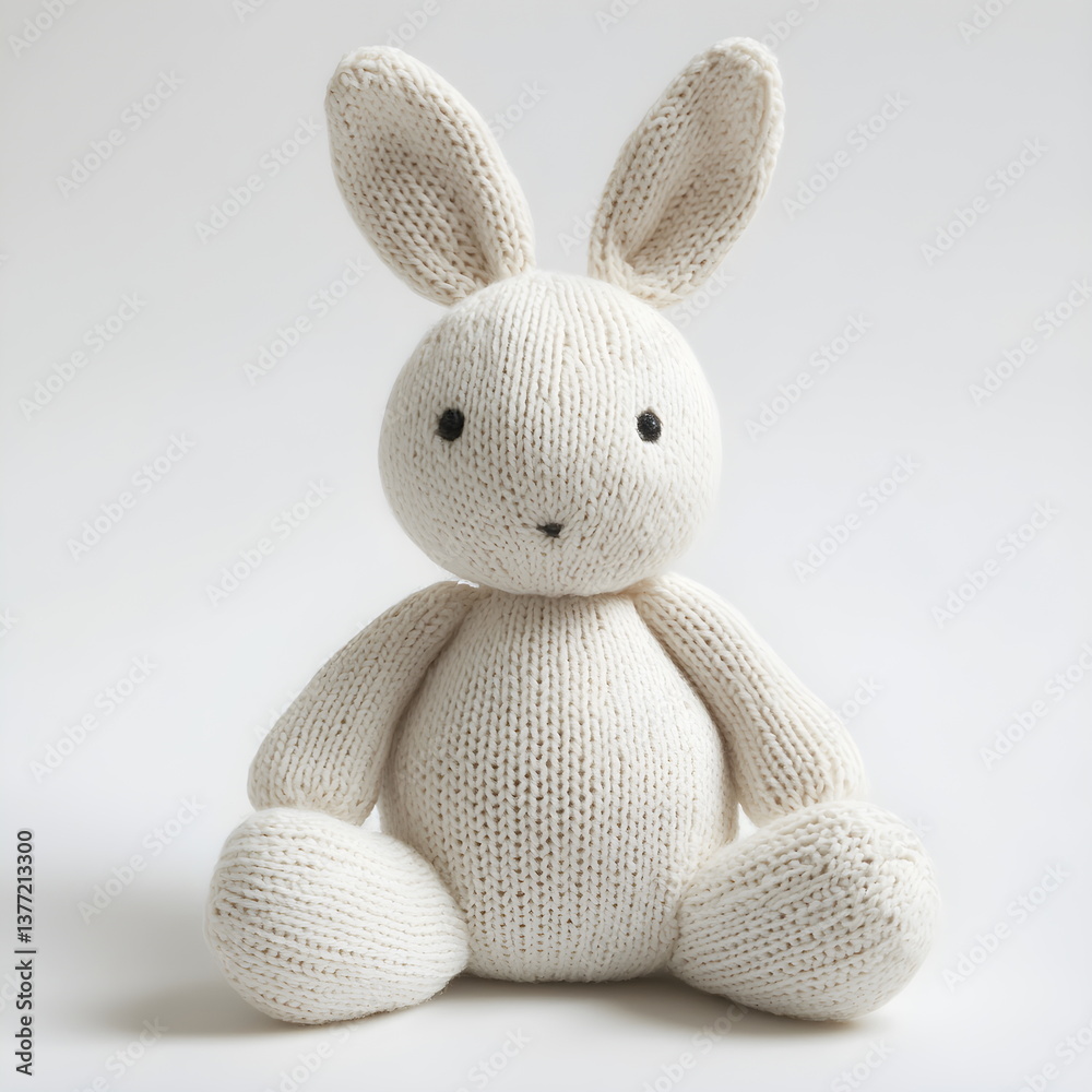 Fototapeta premium A knitted soft white rabbit plush toy, handcrafted with delicate wool, isolated on a clean white background. Its cozy texture and charming details make it a perfect decorative or gift item.