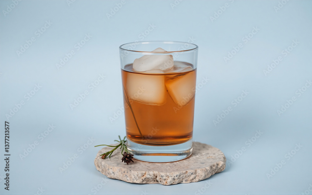 Iced beverage with ice cubes in a clear glass, placed on a round stone coaster with a sprig of herb against a plain light blue backdrop. Iced beverage with ice cubes in a clear glass, placed on a round stone coaster with a sprig of herb against a plain light blue backdrop.