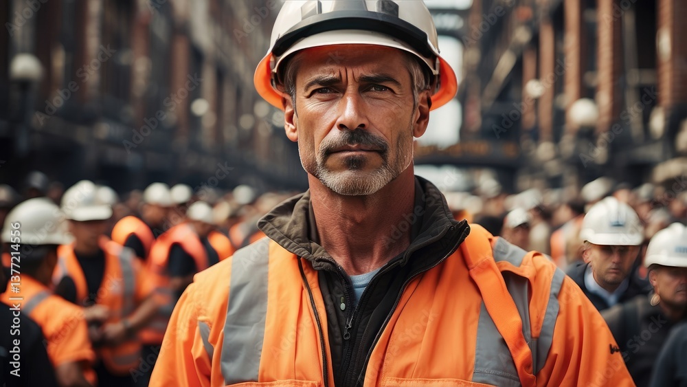 A smiling male construction worker with a gray beard wears an orange hard hat and a reflective safety vest over a black jacket. A smiling male construction worker with a gray beard wears an orange hard hat and a reflective safety vest over a black jacket.