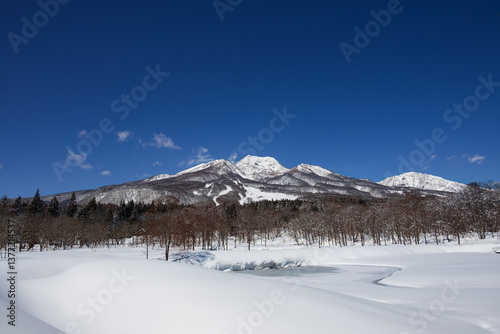 晴の冬 一面雪景色の妙高高原 凍結したいもり池と雪をいただく妙高山