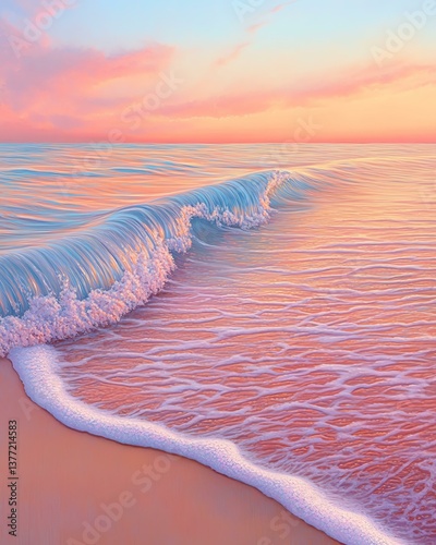 A serene beach scene at sunset, showcasing gentle waves lapping against the shore with a pastel sky. Perfect for evoking tranquility and the beauty of nature.