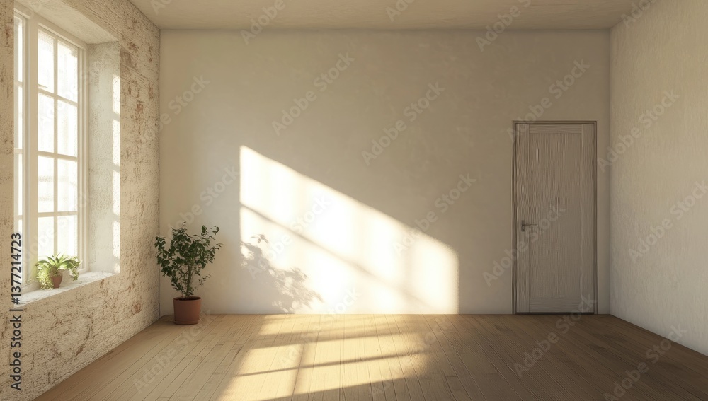 Fototapeta premium Empty, sun-drenched room with exposed brick and hardwood