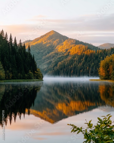 Serene landscape featuring a peaceful lake surrounded by majestic mountains and lush forests. The morning light casts a golden hue on the scenery, reflecting nature's beauty.