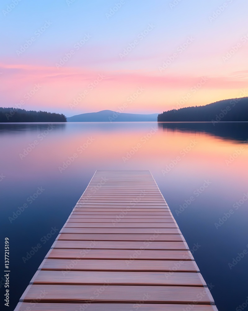 Naklejka premium A serene sunset over a calm lake with a wooden dock extending into the water. The sky is painted in soft hues of pink and purple, reflecting beautifully on the tranquil surface.