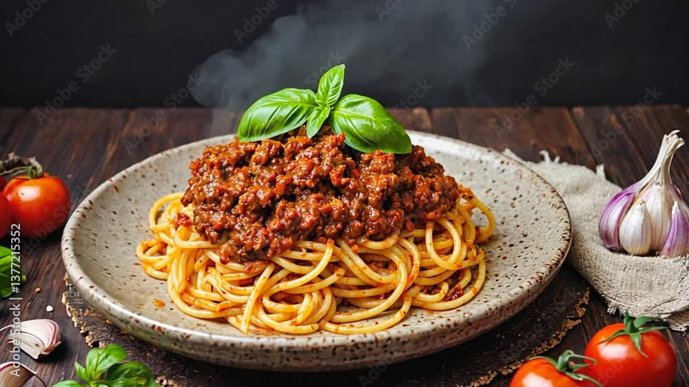 spaghetti with tomato sauce and basil