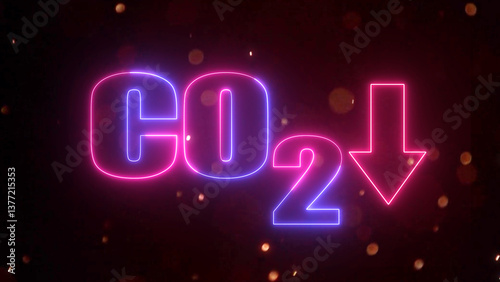 Glowing neon text carbon dioxide with decrease arrow icon. Concept ecology video.