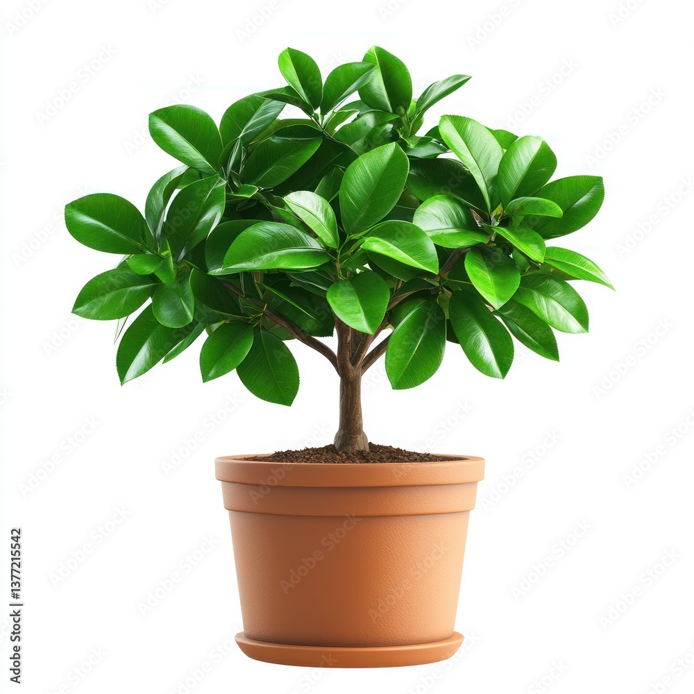 Fototapeta premium Lush Green Potted Plant with Glossy Leaves Set Against a Clean White Background in 3D Style