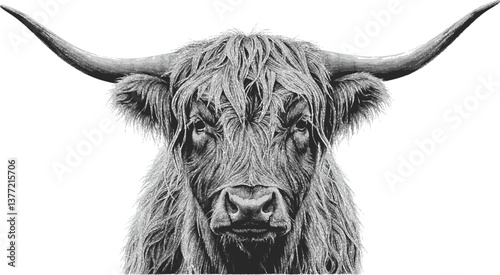 Highland cow engraving black and white outline
