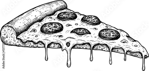 pizza slice engraving black and white outline
