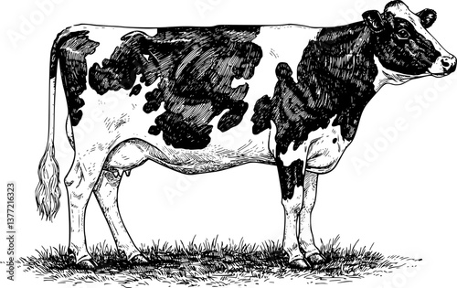 dairy cow engraving black and white outline
