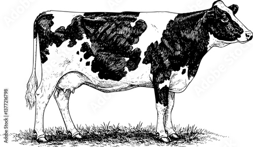 dairy cow engraving black and white outline
