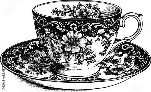 antique porcelain tea cup and saucer engraving black and white outline
