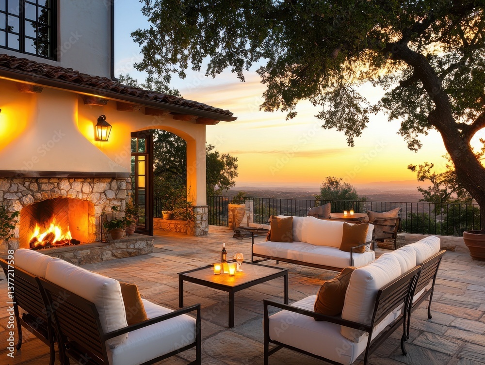 custom made wallpaper toronto digitalA serene outdoor seating area by the fireplace at sunset, perfect for relaxation.