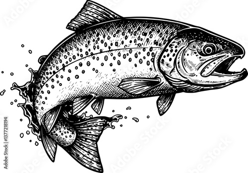 rainbow trout fish engraving black and white outline
