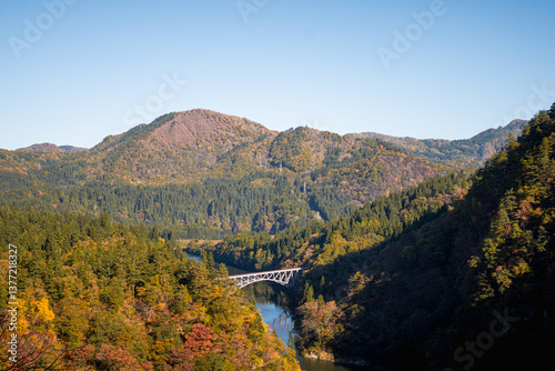 Fukushima, JAPAN - Nov 10, 2024: Daichi Tagamigawa Bridge view from First Tadami River Bridge