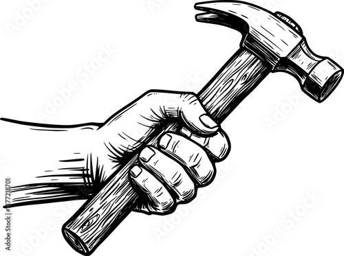 hand holding hammer engraving black and white outline
