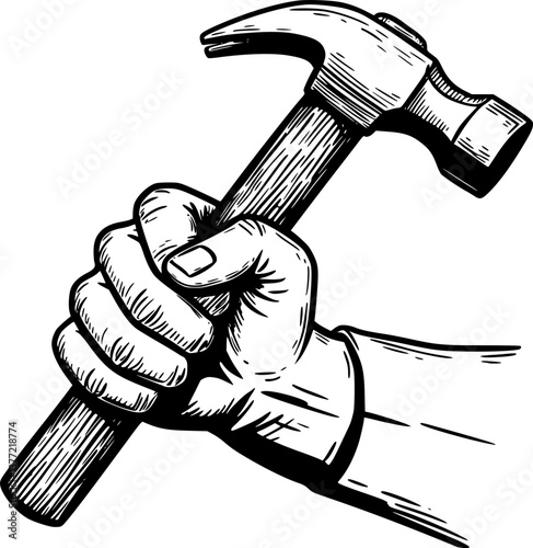 hand holding hammer engraving black and white outline
