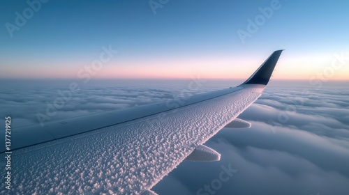 Frosty Crystals on Airplane Wing at Dawn with Shimmering Textures Above Clouds