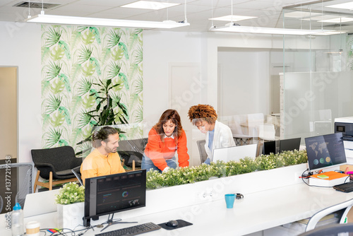 Office workers collaborating on project using laptop