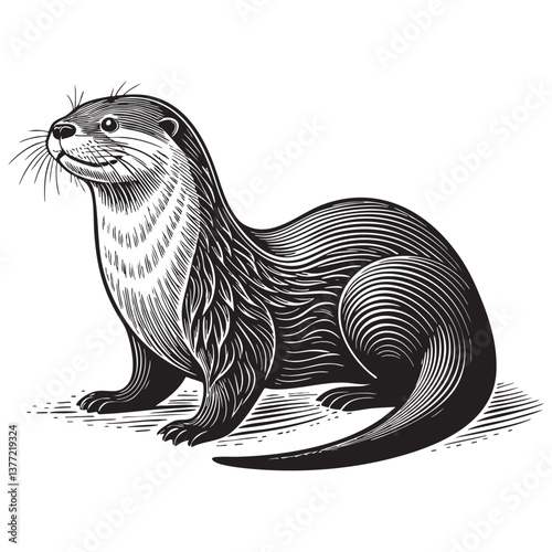 sleek otter woodcut engraving vector illustration